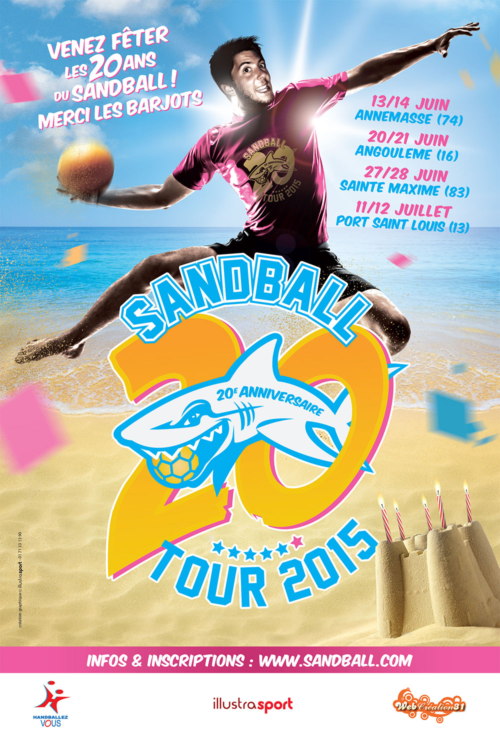 En attendant l’ouverture des inscriptions, l’affiche du Sandball Tour 2015 : Merci les Barjots!
